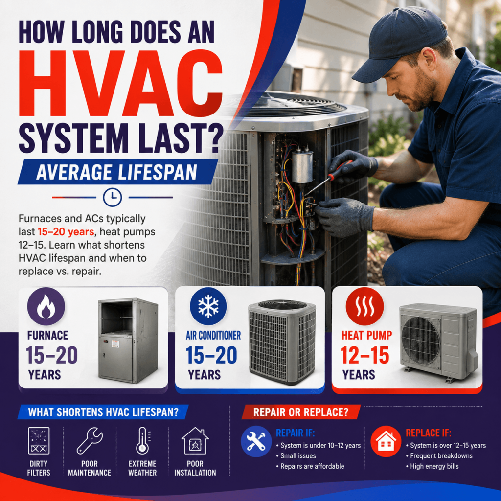 HVAC technician servicing an outdoor air conditioning unit, with a visual guide showing the average lifespan of furnaces, air conditioners, and heat pumps, plus factors that affect when to repair or replace an HVAC system.